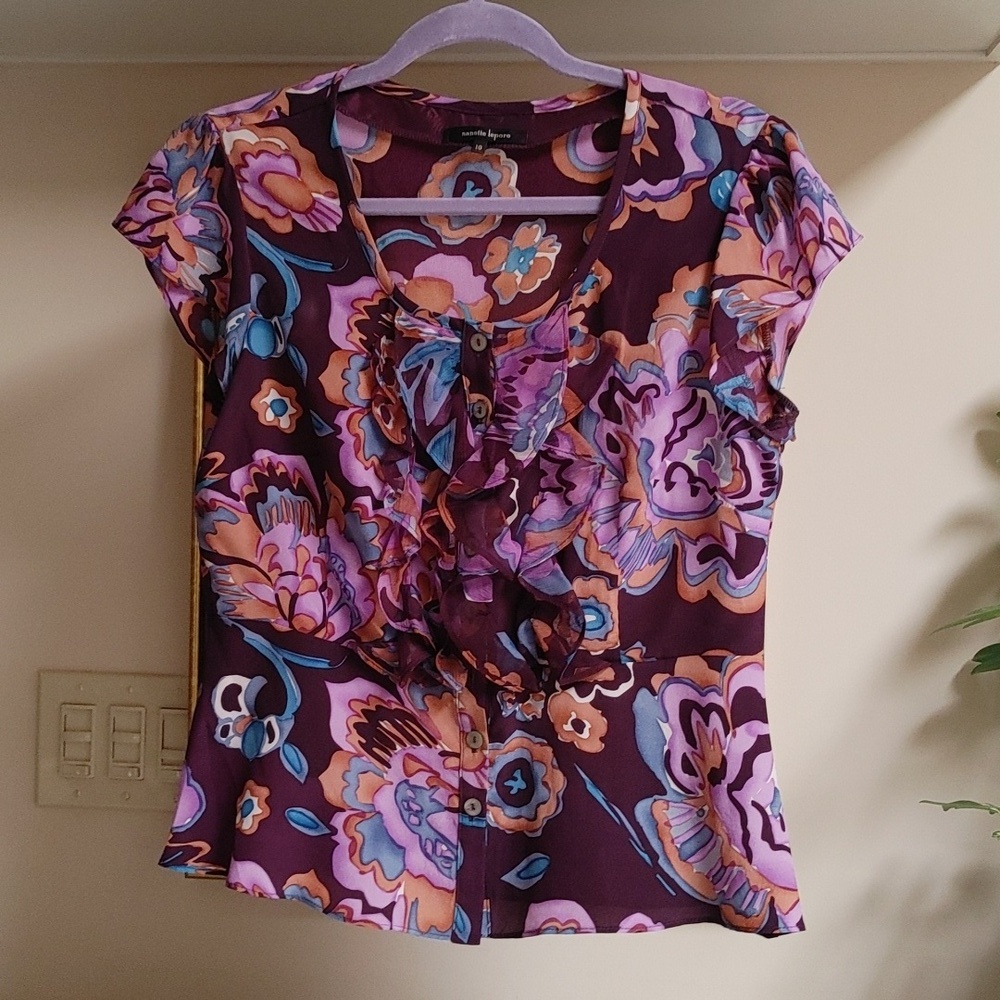 Nanette Lapore Peplum Printed Silk Top Purple, Orange & Teal